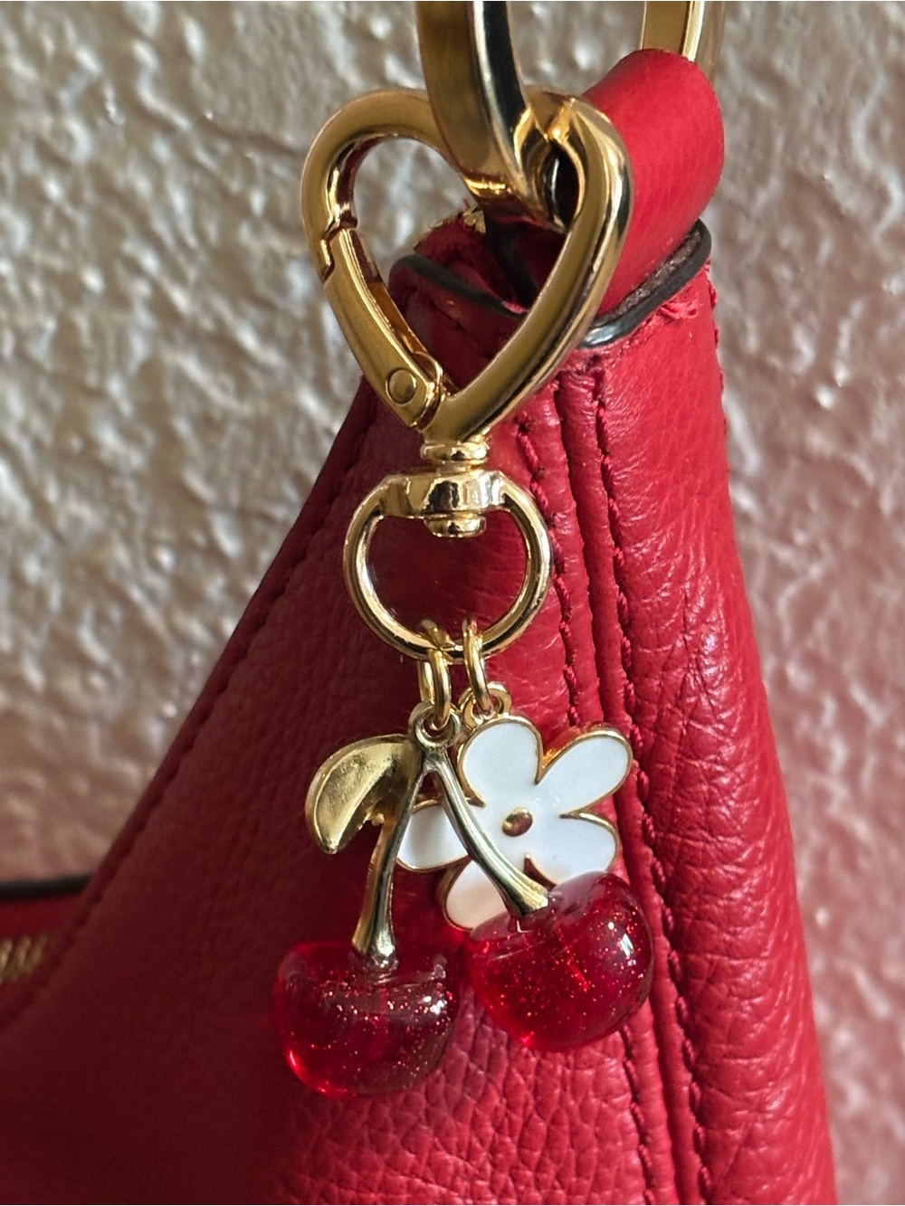 Cherry & Flower Gold Bag Charm With Heart Shaped Clasp - Picture 6 of 7